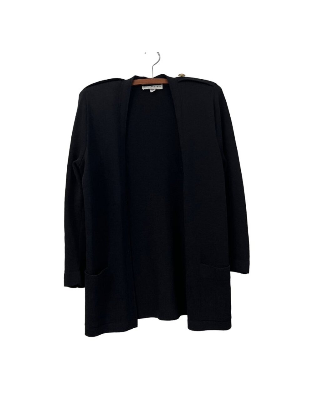 St John Black Santana Knit Gold Button Detail Open Cardigan Sweater Size Small